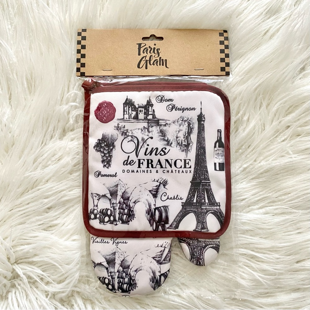 New Paris Glam Parisian Wine Pot Holder Oven Mitt Set in Cream Black Burgundy